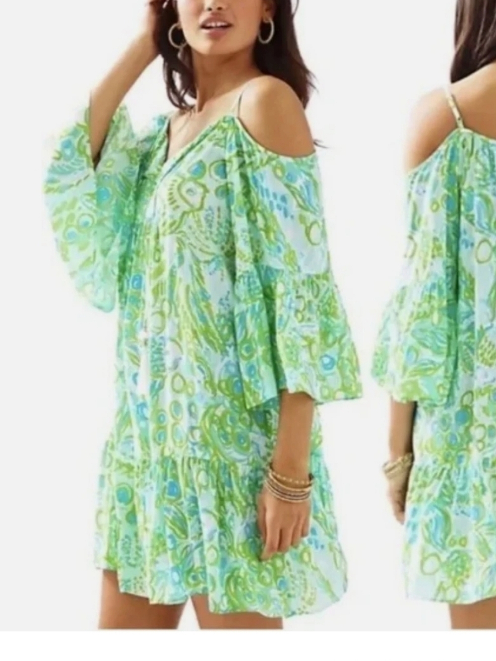 Lilly Pulitzer Cold-Shoulder Mini Dress in Aqua and Lime Paisley